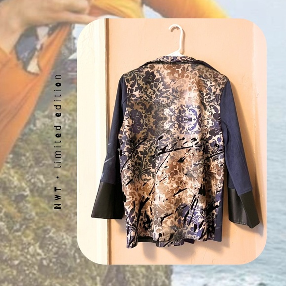 🌀🏷️🆕🎉 black & navy & gold metallic abstract design collar open jacket blazer - Picture 3 of 16